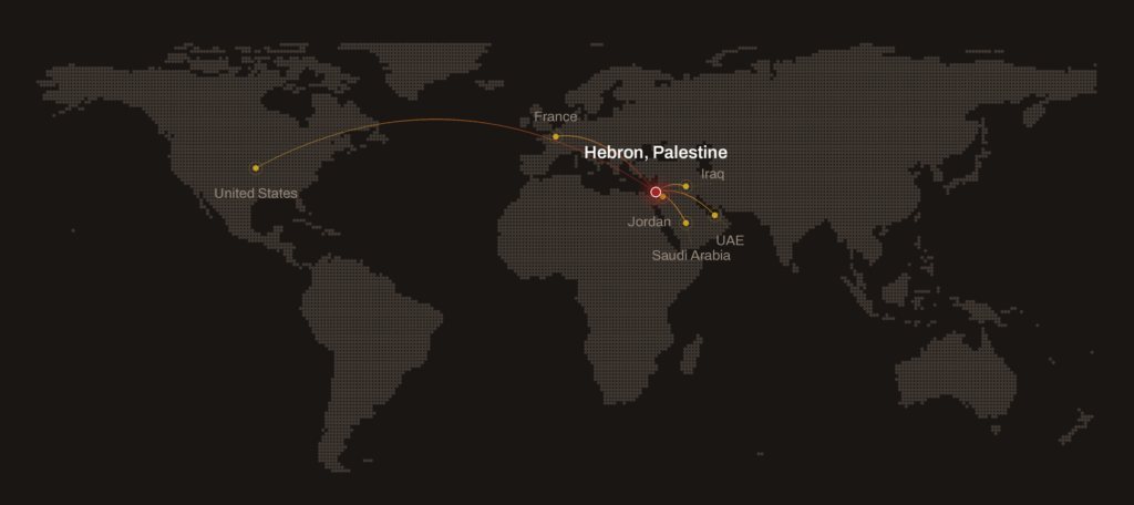 World map showing NABOLY supply routes from Hebron, Palestine to France, Jordan, Iraq, Saudi Arabia, the UAE and the United States