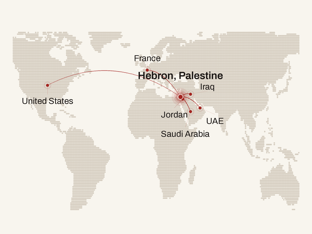 NABOLY export markets map: Hebron, Palestine to the United States, France, Jordan, Saudi Arabia, the UAE and Iraq