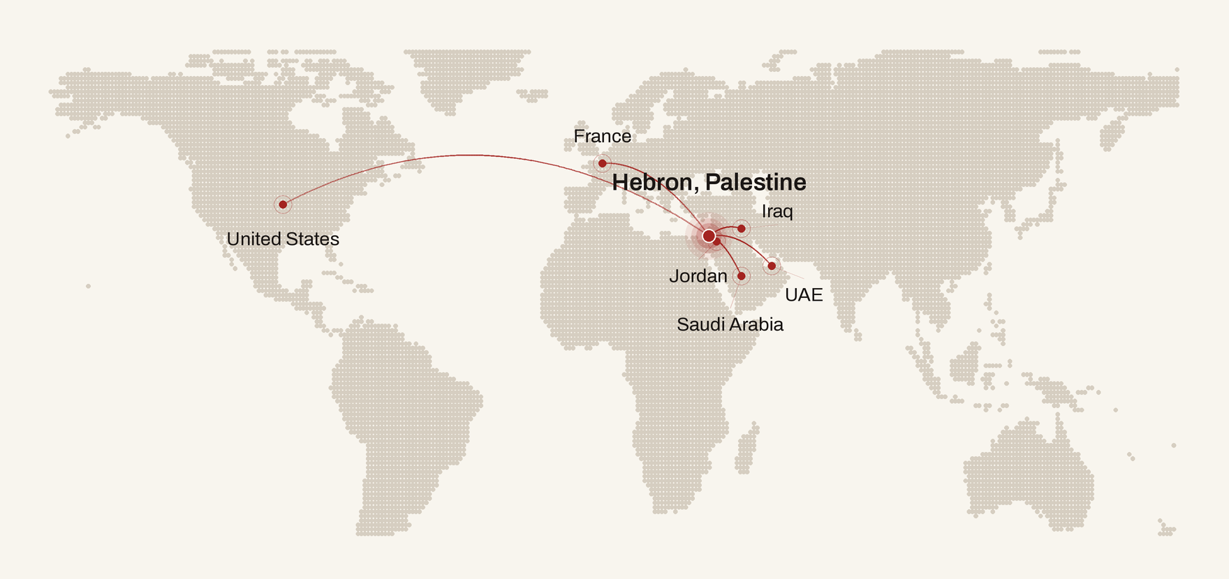 NABOLY export markets map: Hebron, Palestine to the United States, France, Jordan, Saudi Arabia, the UAE and Iraq