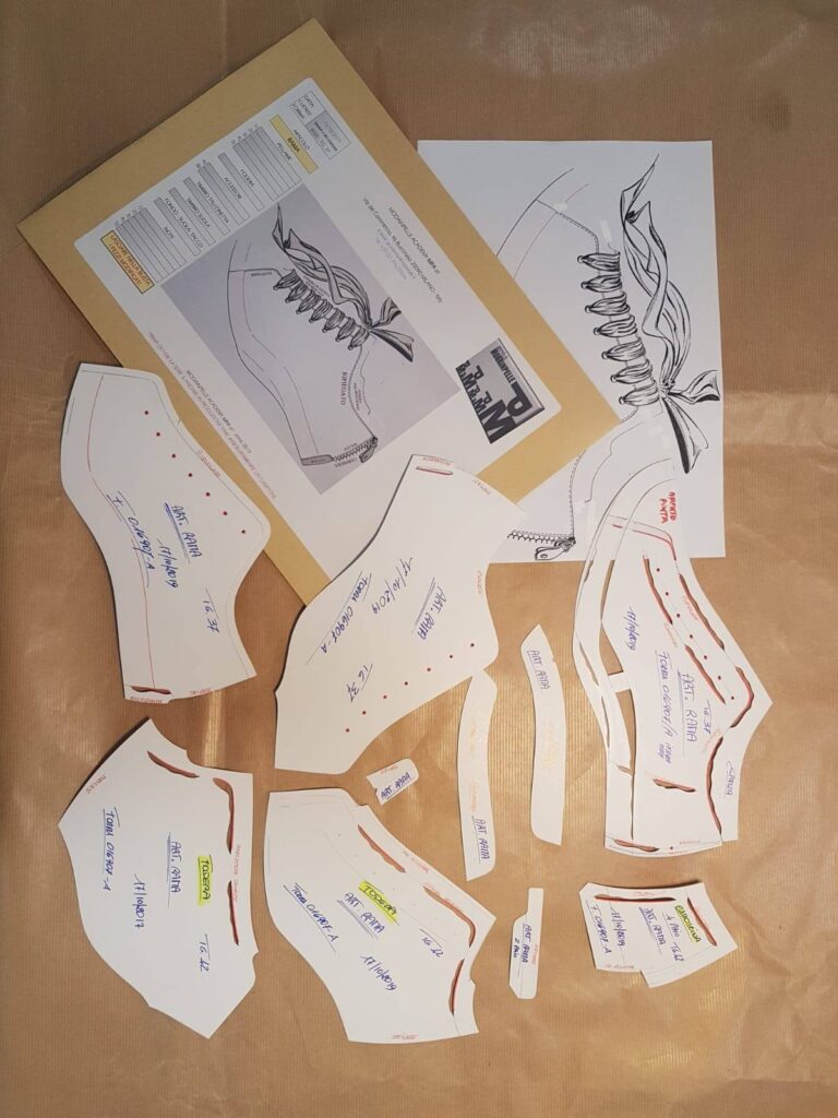 Hand-drawn NABOLY shoe patterns and grading cards on the design table
