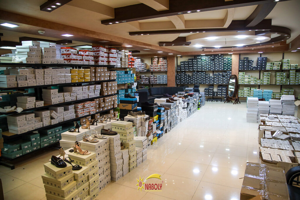 The NABOLY stockroom in Hebron, boxed footwear ready for wholesale orders